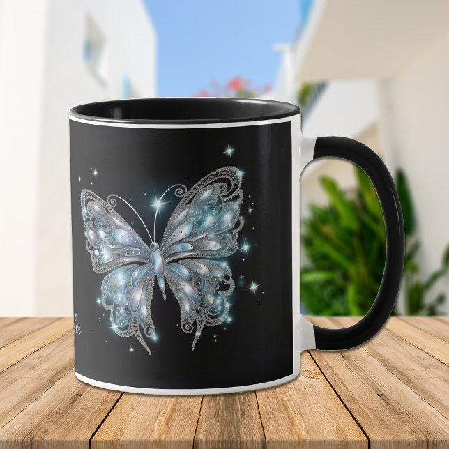 Silver Blue Fantasy Butterfly on Black Mug (Creator Uploaded)