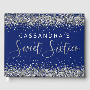Silver Blue Faux Glitter Sweet Sixteen Guest Book
