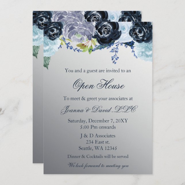 Silver Blue Floral Business Corporate Party  Invitation (Front/Back)