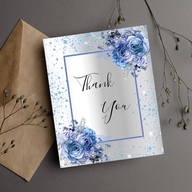Silver blue floral glitter elegant thank you card (Creator Uploaded)
