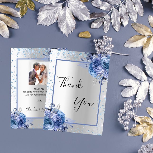 Silver blue floral glitter photo wedding thank you card (Creator Uploaded)