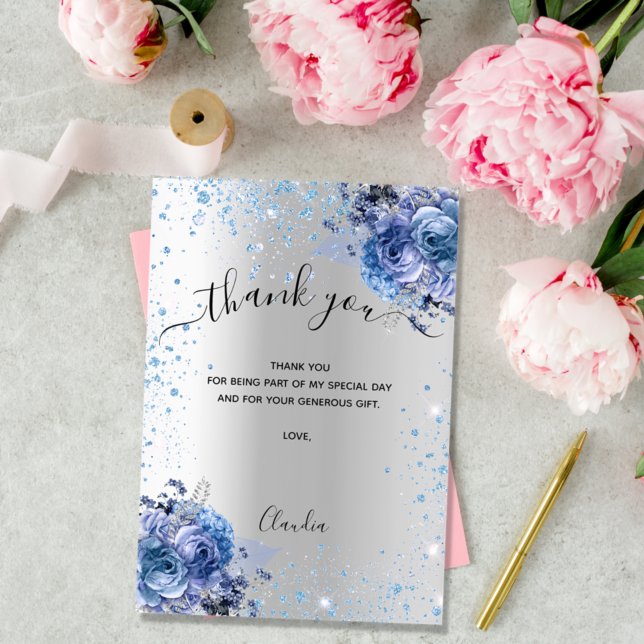 Silver blue floral glitter thank you card (Creator Uploaded)