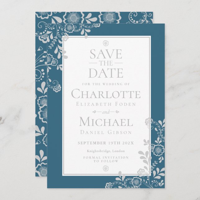 Silver Blue Floral Lace Save the Date Invitation (Front/Back)