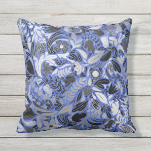 Silver Blue Floral Leaves Illustration Pattern Cushion
