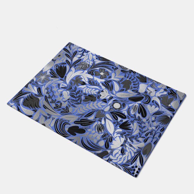 Silver Blue Floral Leaves Illustration Pattern Doormat (Angled)