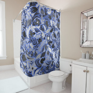 Silver Blue Floral Leaves Illustration Pattern Shower Curtain