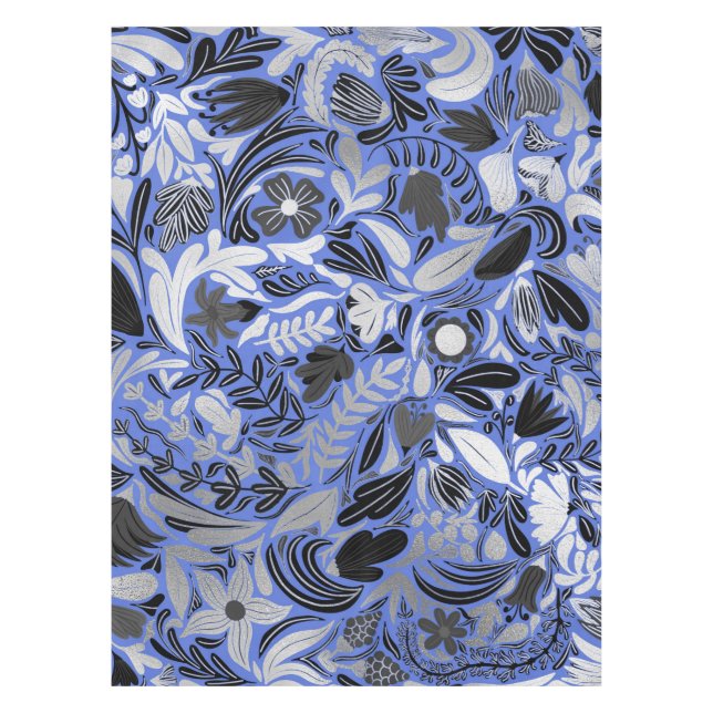Silver Blue Floral Leaves Illustration Pattern Tablecloth (Front)
