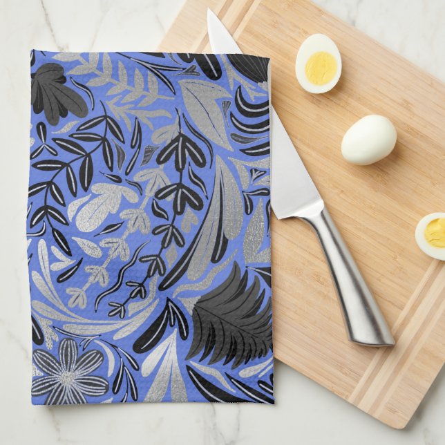 Silver Blue Floral Leaves Illustration Pattern Tea Towel (Quarter Fold)