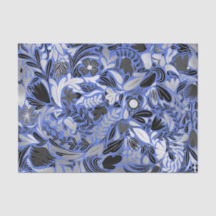 Silver Blue Floral Leaves Illustration Pattern Tissue Paper