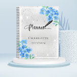 Silver blue floral name appointment 2024 planner<br><div class="desc">A faux silver metallic looking background,  with blue forget-me-not florals,  flowers. Faux glitter dust. Personalise and add a year,  name and title.</div>