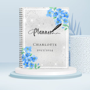 Silver blue floral name appointment 2024 planner