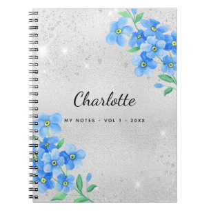 Silver blue floral name script notebook