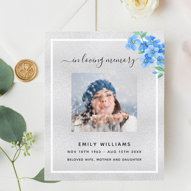 Silver blue floral photo funeral program (Creator Uploaded)
