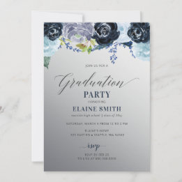 Silver Blue Floral Photo Graduation Party Invitation