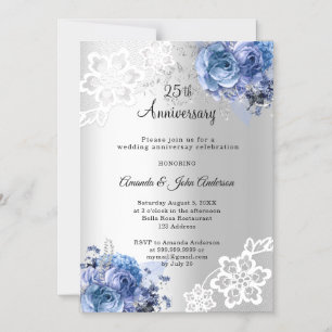 Silver blue florals 25th wedding anniversary magnetic invitation