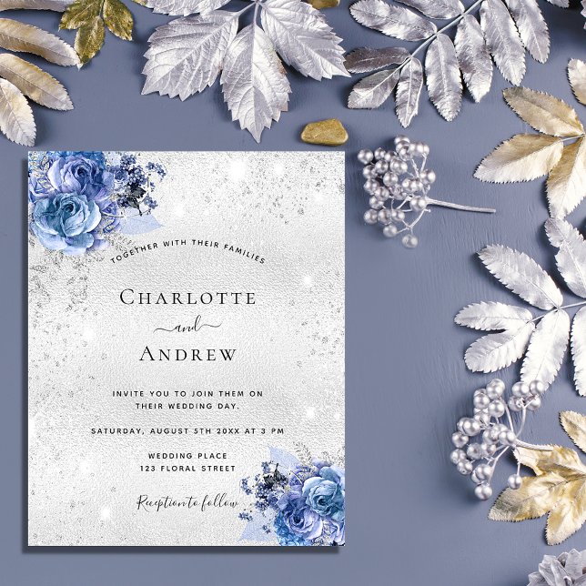 Silver blue florals budget wedding invitation flyer (Creator Uploaded)