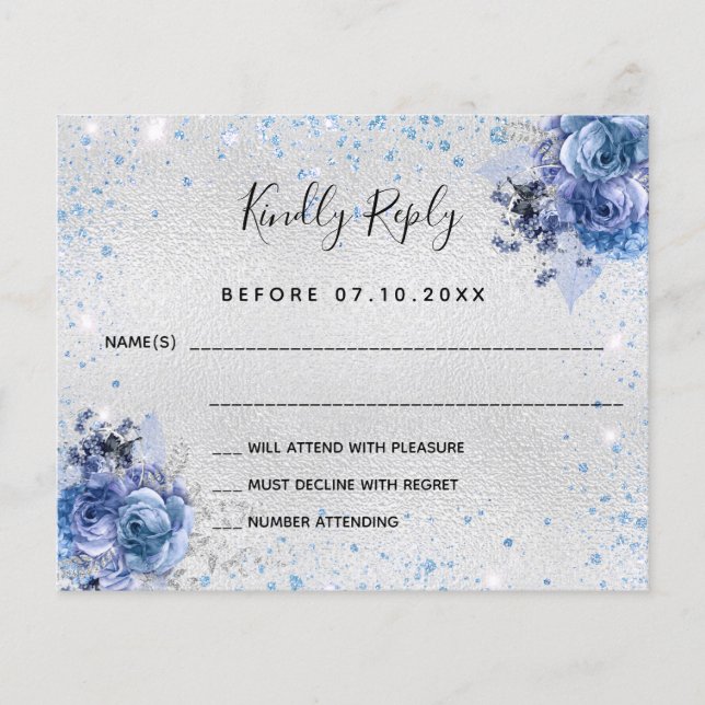 Silver blue florals budget wedding RSVP Flyer (Front)