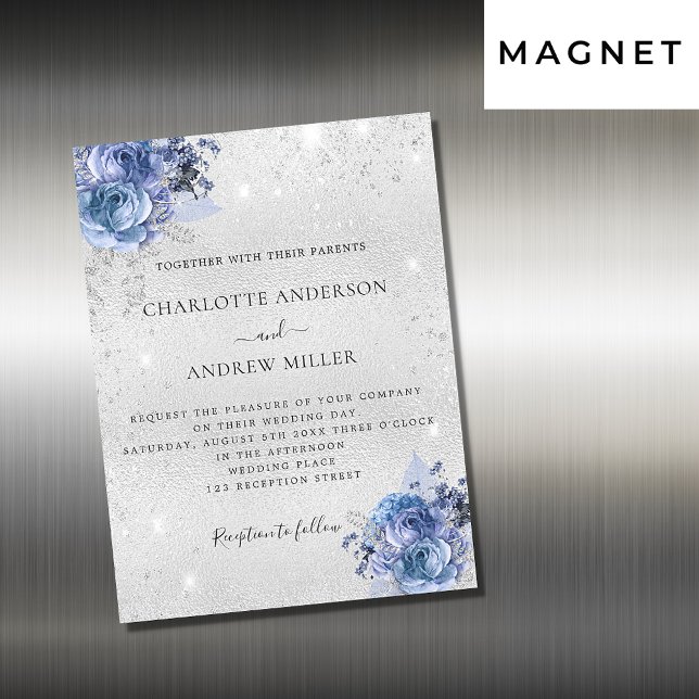 Silver blue florals elegant luxury wedding magnetic invitation (Creator Uploaded)