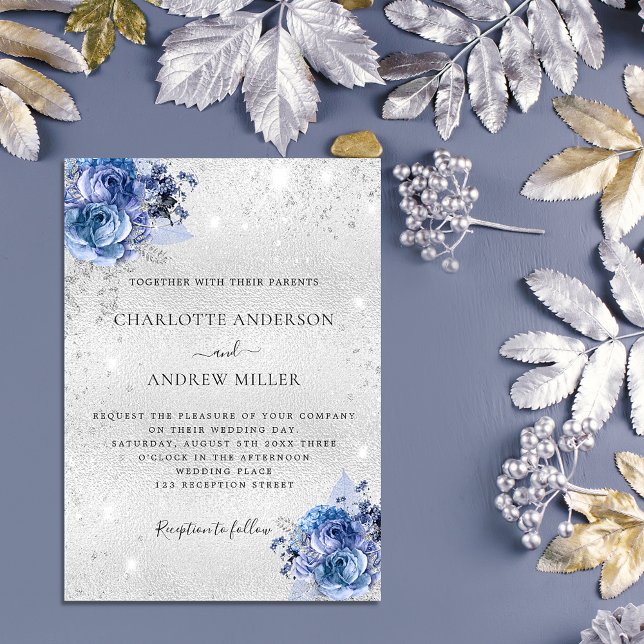 Silver blue florals elegant wedding invitation (Creator Uploaded)