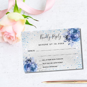 Silver blue florals elegant wedding RSVP Card
