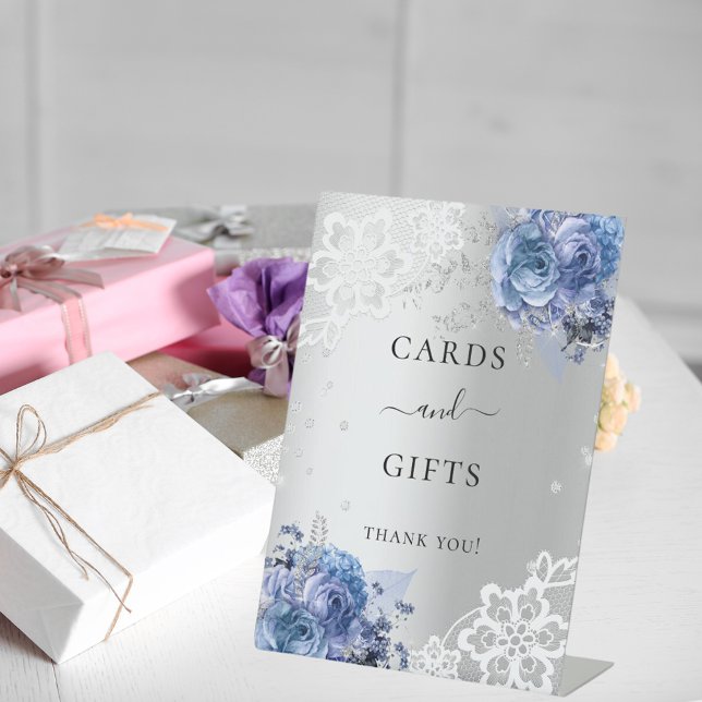 Silver blue florals lace cards gifts sign (Creator Uploaded)