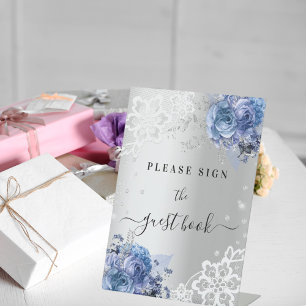 Silver blue florals lace guest book sign
