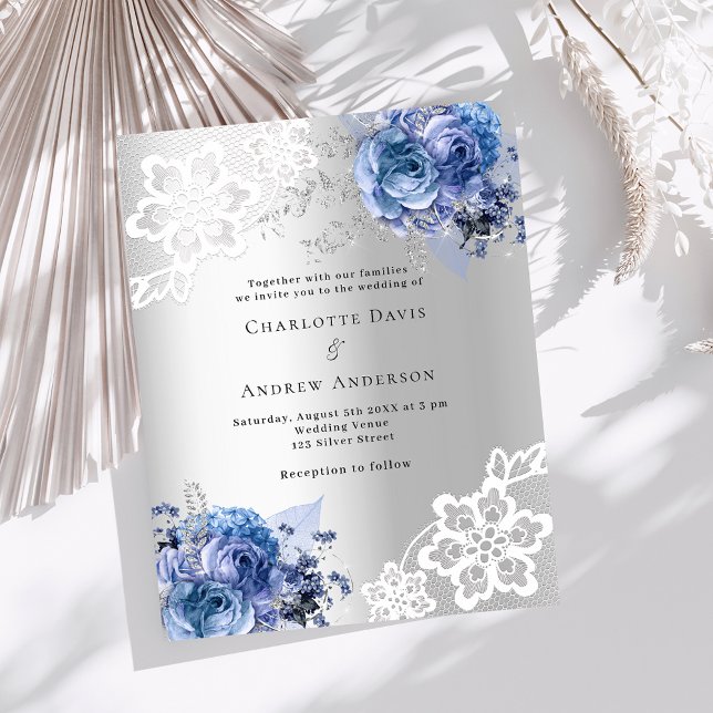 Silver blue florals lace wedding invitation (Creator Uploaded)