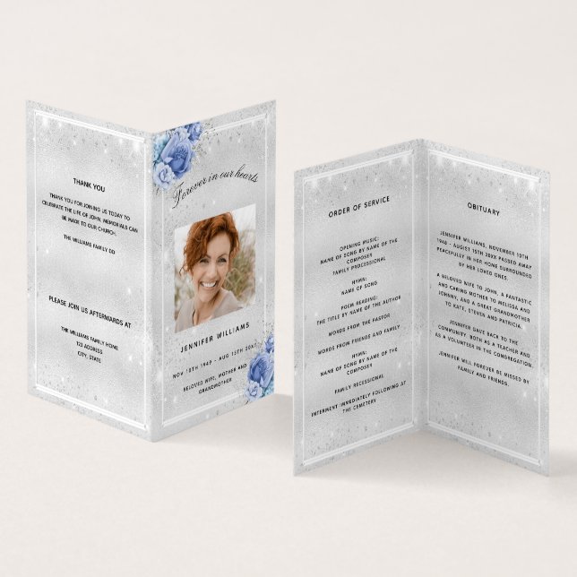 Silver blue florals photo glitter funeral program (Inside and Outside)