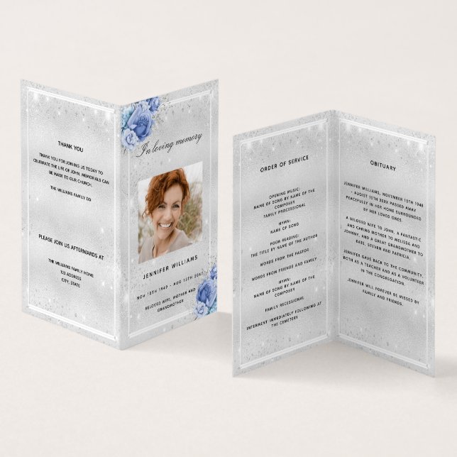 Silver blue florals photo glitter funeral program (Inside and Outside)