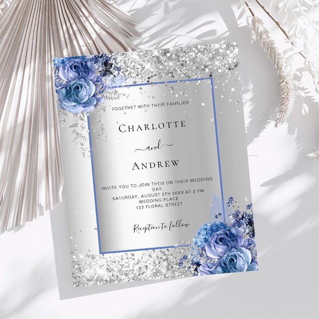 Silver blue florals wedding invitation (Creator Uploaded)