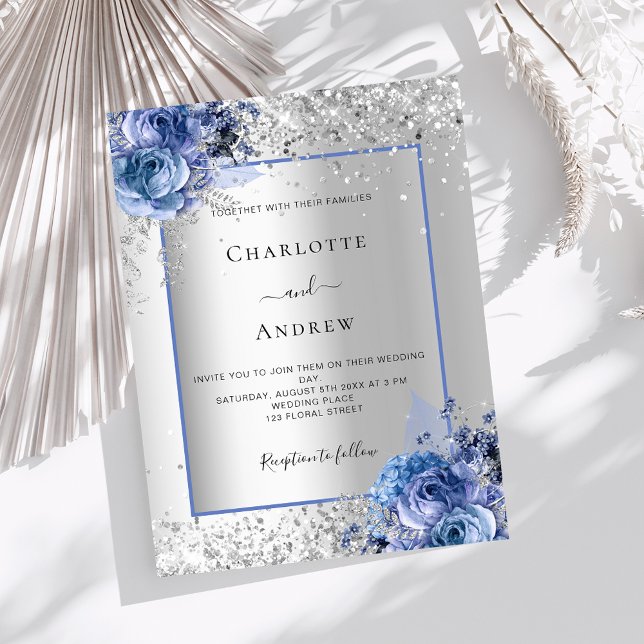 Silver blue florals wedding invitation (Creator Uploaded)