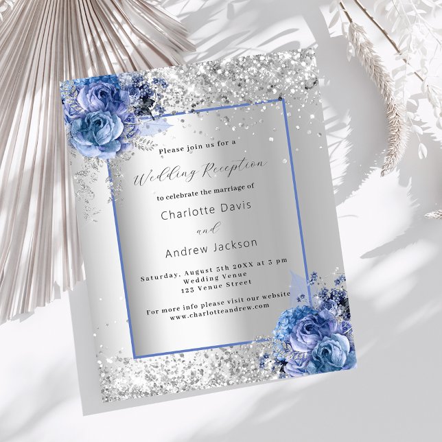 Silver blue florals wedding reception invitation (Creator Uploaded)