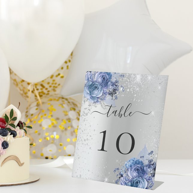 Silver blue florals wedding table number pedestal sign (Creator Uploaded)