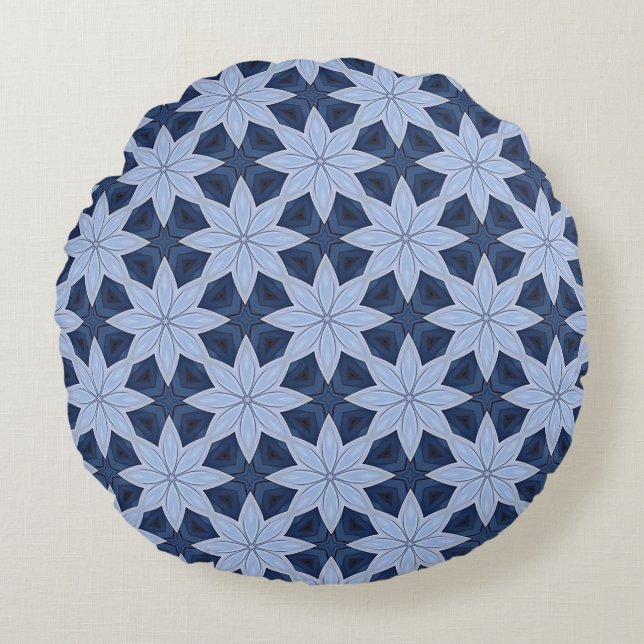 Silver-blue Flowers on a Navy Blue background Round Cushion (Front)