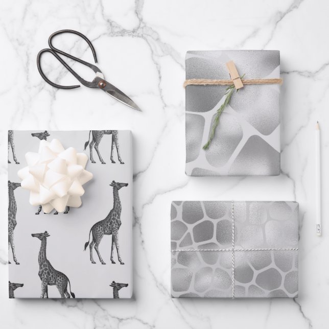Silver Blue Giraffe Print  Wrapping Paper Sheet (Front)