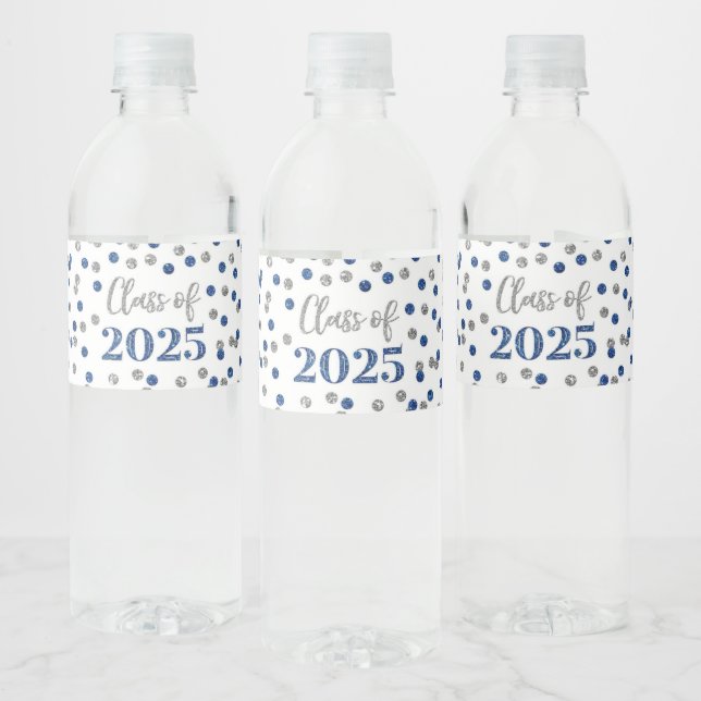 Silver Blue Glitter Class of 2025 Graduation Water Bottle Label (Bottles)