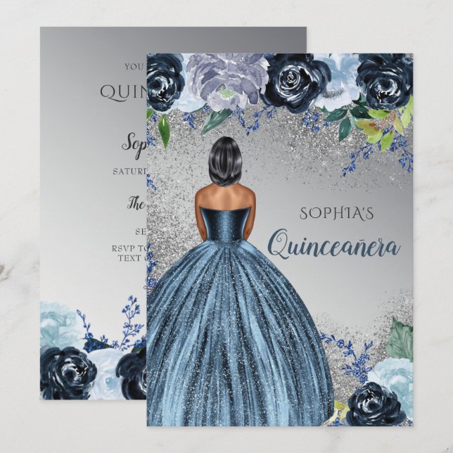 Silver Blue Glitter Dress Quinceañera Quince  Invitation (Front/Back)