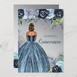 Silver Blue Glitter Dress Quinceañera Quince   Invitation