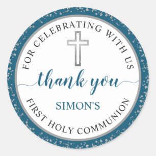 Silver Blue Glitter First Communion Thank You Classic Round Sticker