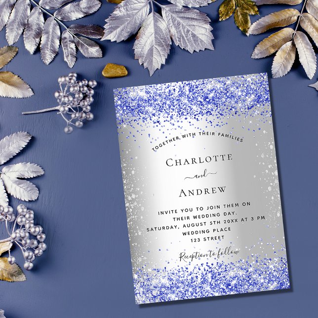 Silver blue glitter glamourous wedding invitation (Creator Uploaded)