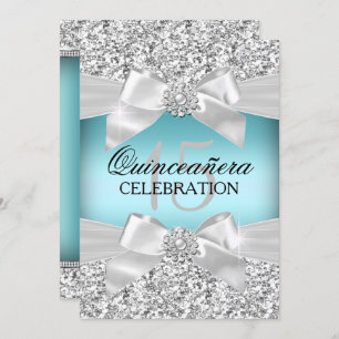 Silver Blue Glitter & Jewel Bow Quinceanera Invitation