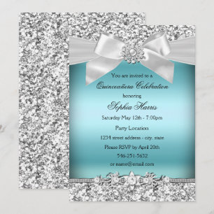 Silver Blue Glitter Jewel Bow Quinceanera Invitation