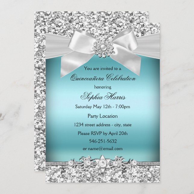 Silver Blue Glitter Jewel Bow Quinceanera Invitation (Front/Back)