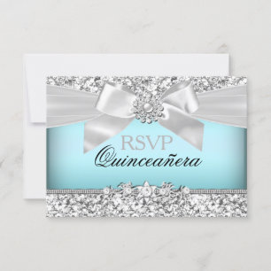 Silver Blue Glitter & Jewel Bow Quinceanera RSVP