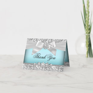 Silver Blue Glitter & Jewel Bow Thank You Card