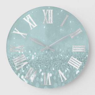 Silver Blue Glitter Minimal Metallic Roman Numers Large Clock