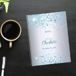 Silver blue glitter name monogram 2024 planner<br><div class="desc">A faux silver metallic looking background decorated with blue faux glitter dust. Personalise and add your first name,  monogram initials,  full name and a year.</div>