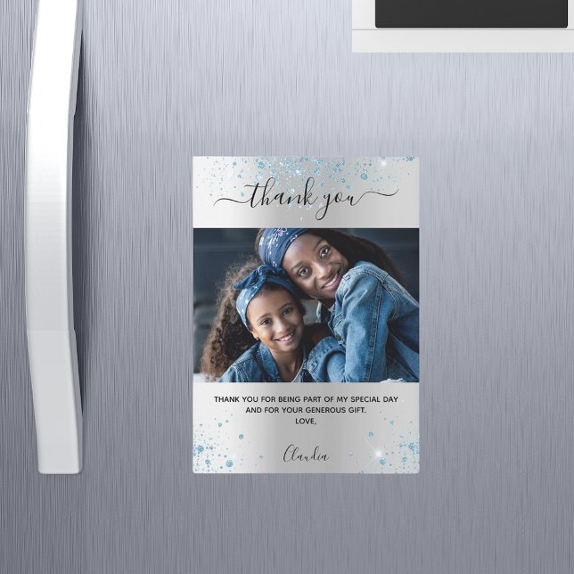 Silver blue glitter photo thank you magnet (Creator Uploaded)