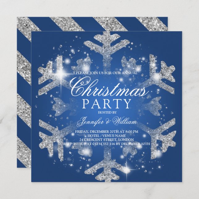Silver & Blue Glitter Snowflake Xmas Holiday Party Invitation (Front/Back)