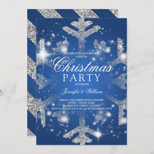 Silver Blue Glitter Snowflake Xmas Holiday Party Invitation (Front/Back)